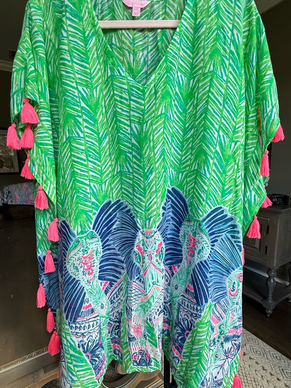 Lilly Pulitzer L/XL Elephant Tassel Caftan Tunic Green Pink Cotton EUC
